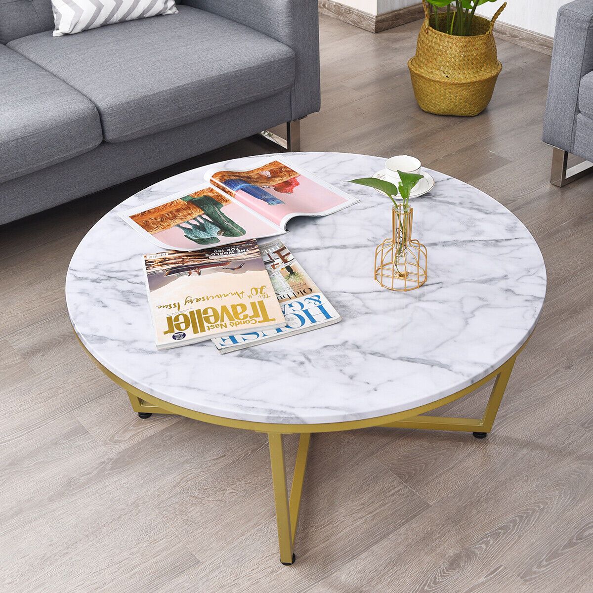 Modern Accent Faux Marble Round Coffee Table for Living Room Bedroom Office
